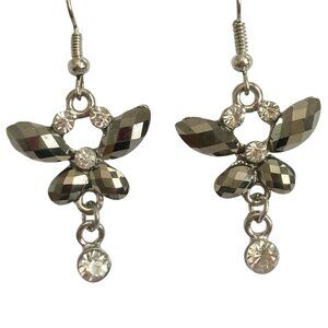 Vintage Metallic Gray Butterfly Earrings Silver Tone Crystal Acrylic Drop Dangle